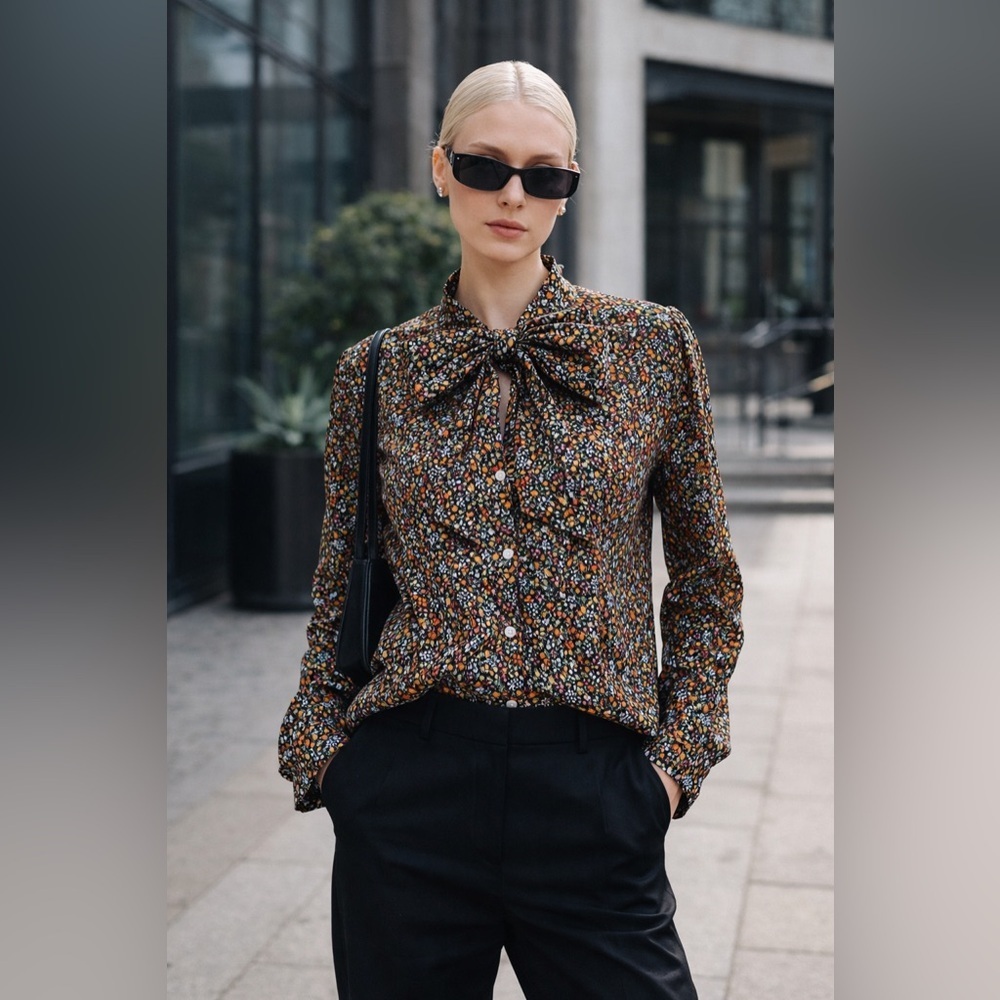 J.CREW women’s floral spring button up with extra tie knot bow long sleeve - S